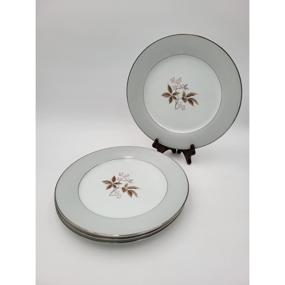 4 Noritake China #5447 Leaves Berries Dinner Plates Gray band pink berries 1950s